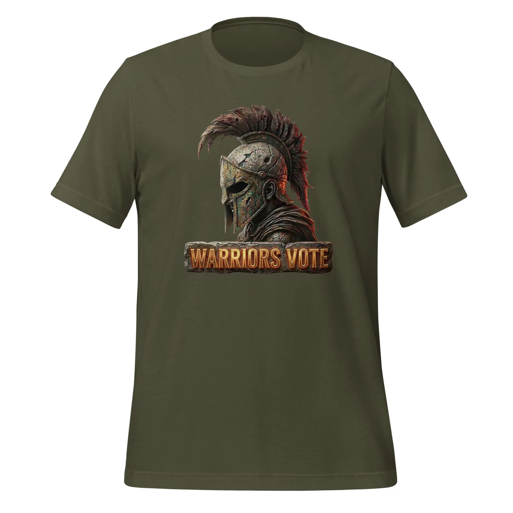 unisex-staple-t-shirt-military-green-front-69b59949bfc78.jpg Battle-worn Spartan helmet graphic with glowing Warriors Vote text on a transparent background by Protect November.