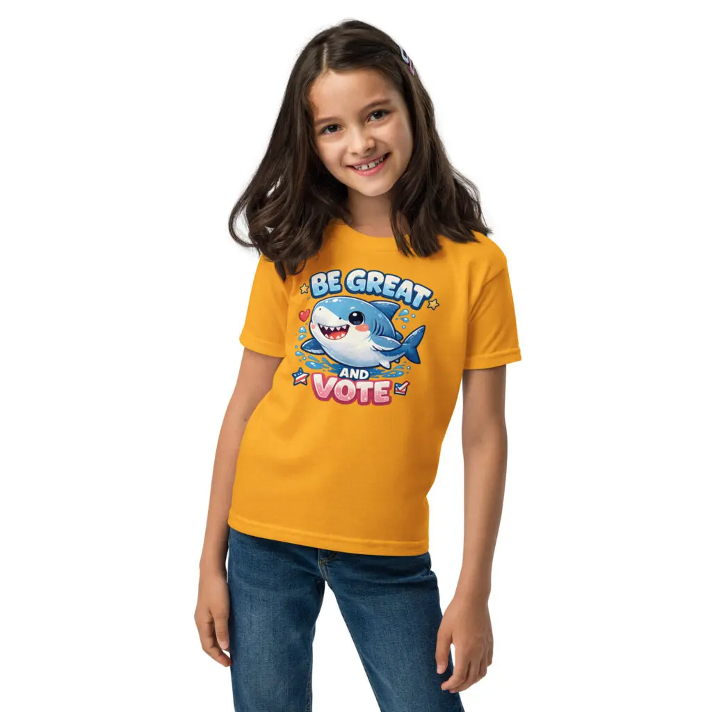 Close-up of a vibrant golden mustard yellow graphic t-shirt featuring a friendly cartoon blue shark surrounded by water splashes, with light blue text reading "BE GREAT" and pink glittery text reading "AND VOTE," adorned with star and heart icons.