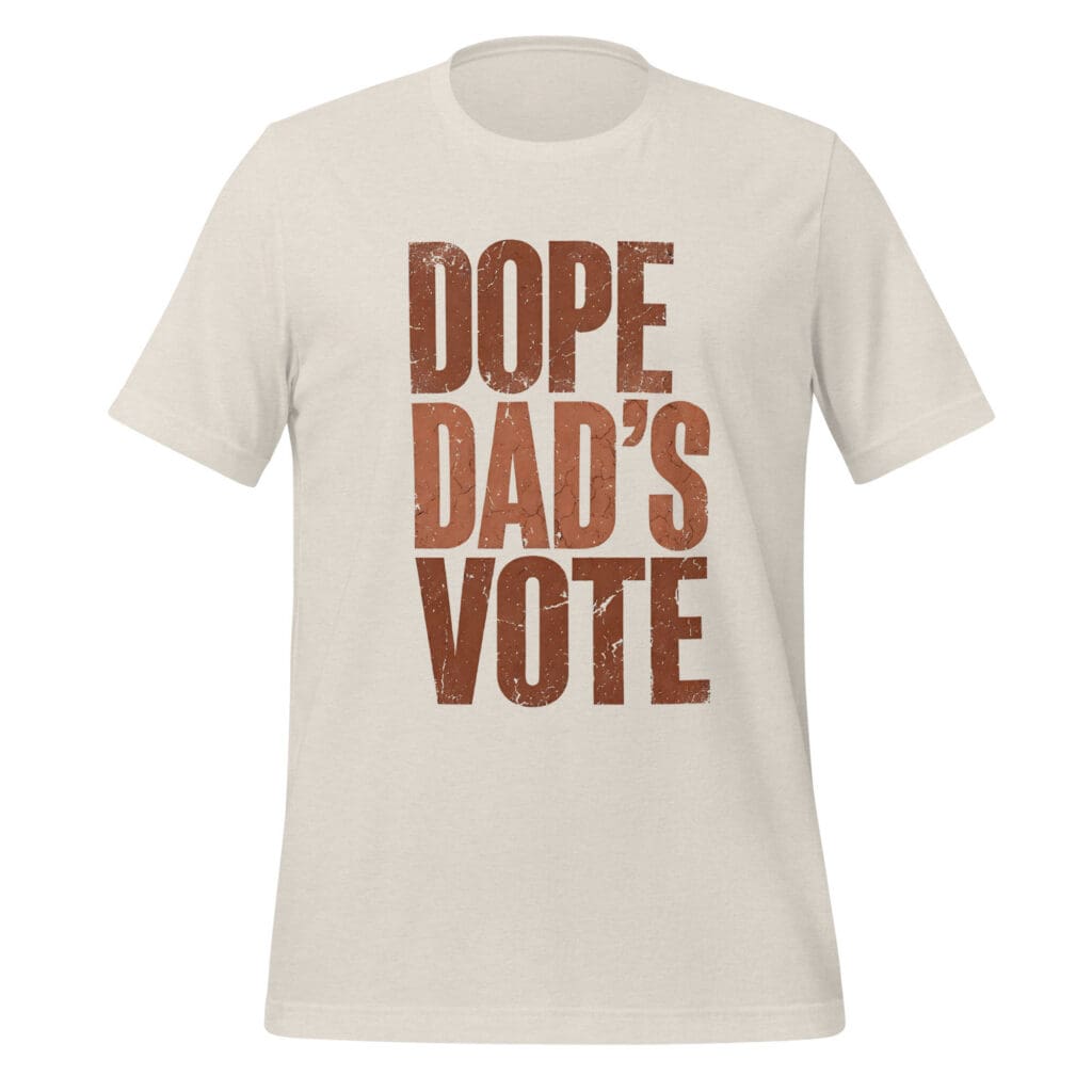 Close-up graphic design featuring the words DOPE DADS VOTE in tall, bold, terracotta-colored block lettering with heavy distress and cracked texture against a black background.