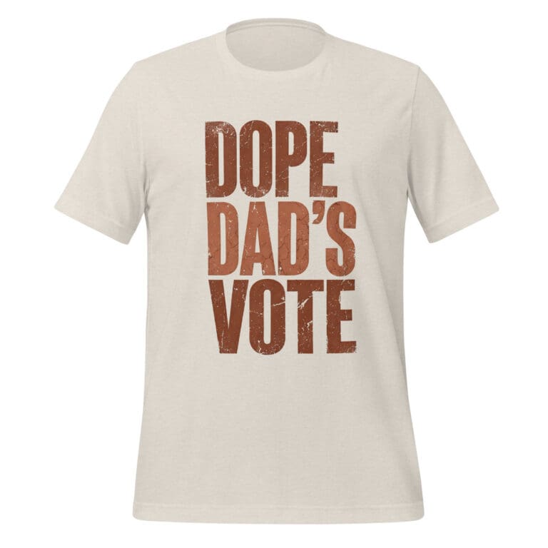 Close-up graphic design featuring the words DOPE DADS VOTE in tall, bold, terracotta-colored block lettering with heavy distress and cracked texture against a black background.
