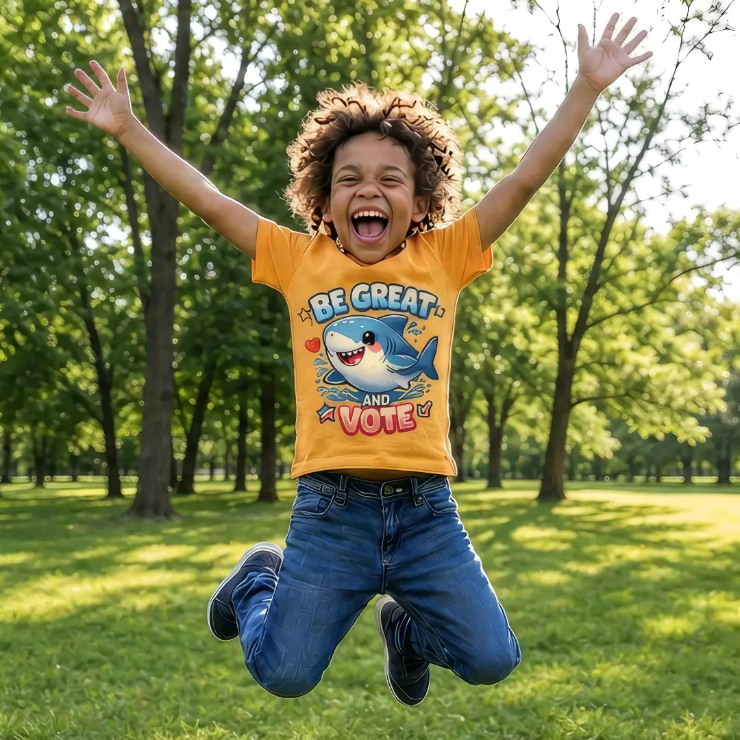 Be Great And Vote A boy jumping in the park wearing a colorful hand-drawn style text spelling future voter in pink, green, purple, blue, orange, and red block letters on a solid blackbackground.