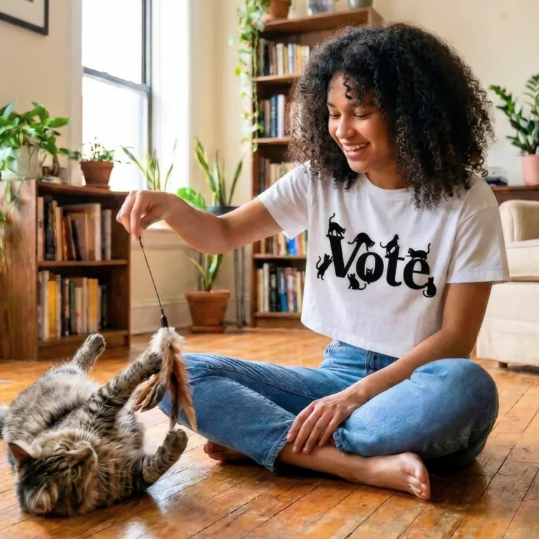 Woman playing with her cat while wearing black graphic typography reading VOTE with black cat silhouettes climbing, stretching, and perching on the letters on a transparent background.