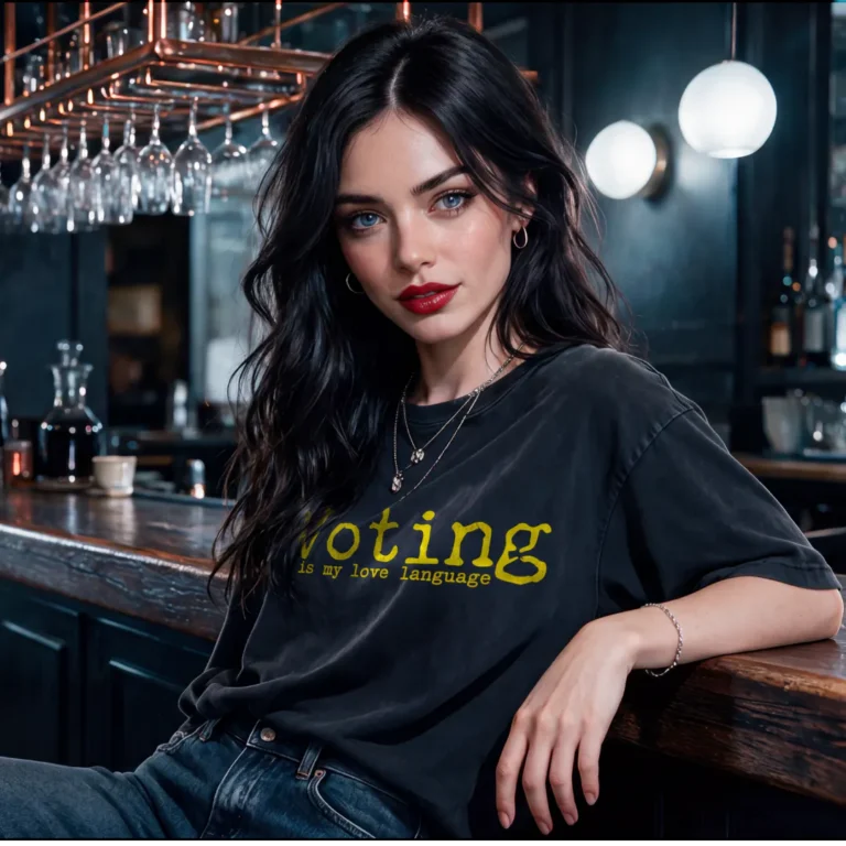 Graphic streetwear t-shirt featuring bold, distressed yellow text that reads 'Voting is my love language' across a solid black background.