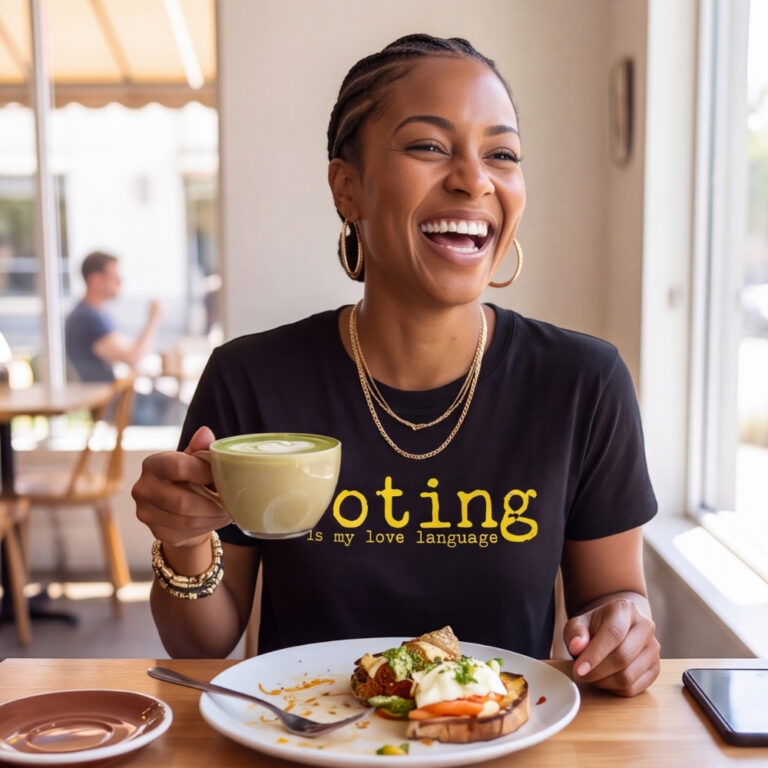 Young woman at brunch wearing graphic streetwear t-shirt featuring bold, distressed yellow text that reads 'Voting is my love language' across a solid black background.