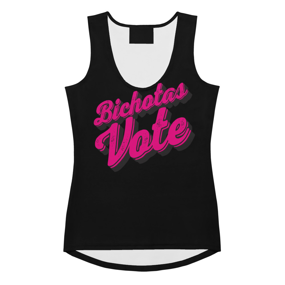 Bichotas Vote Black tank top featuring bold pink retro text that says Bichotas Vote.