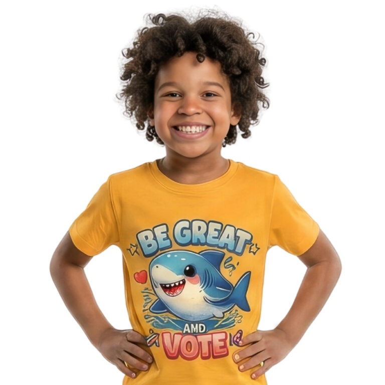 A boy wearing a colorful hand-drawn style text spelling future voter in pink, green, purple, blue, orange, and red block letters on a solid blackbackground.