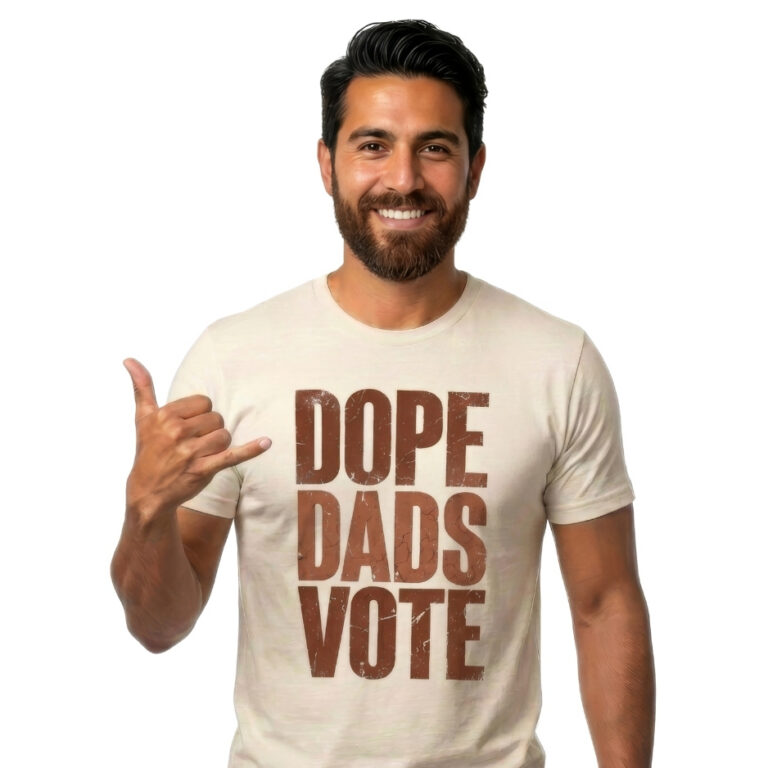 Man wearing a shirt with a close-up graphic design featuring the words DOPE DADS VOTE in tall, bold, terracotta-colored block lettering with heavy distress and cracked texture against a black background.