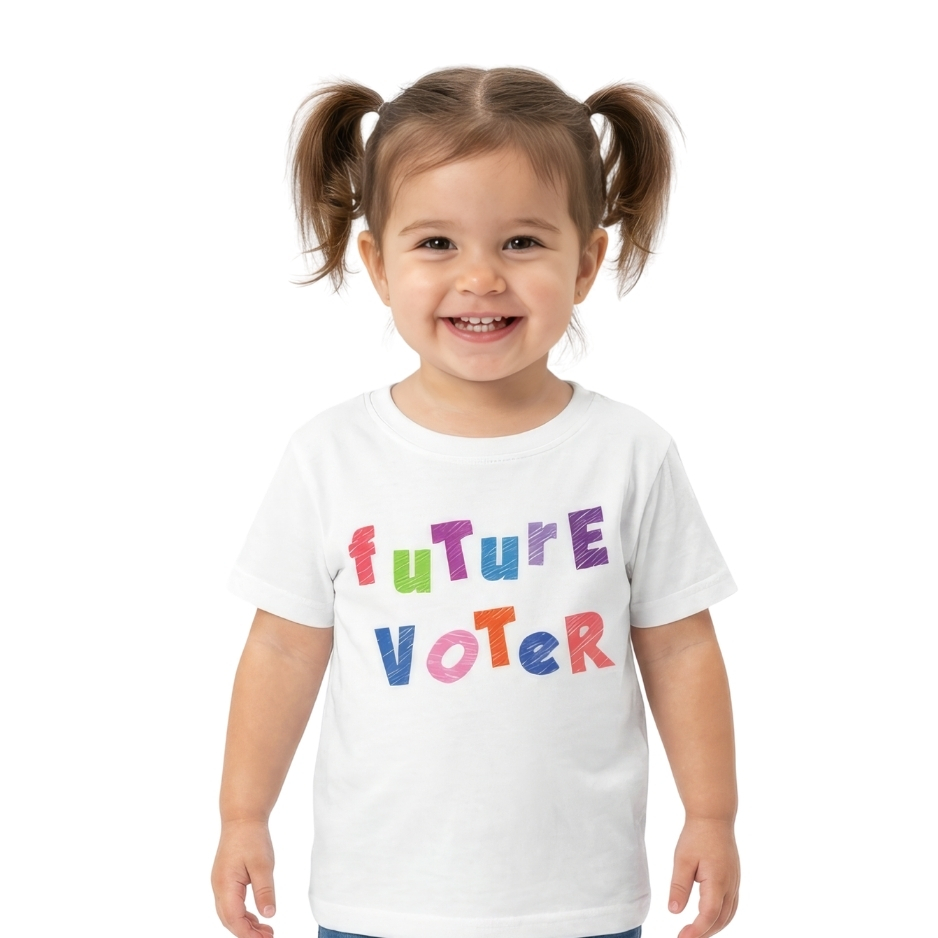 Girl wearing a colorful hand-drawn style text spelling future voter in pink, green, purple, blue, orange, and red block letters on a solid blackbackground.