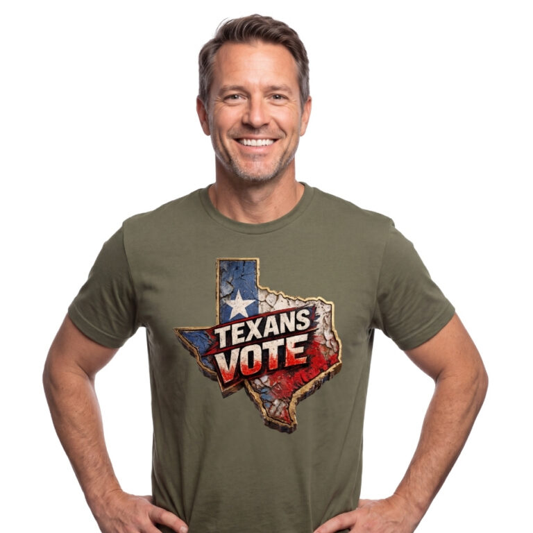 Front view of a man smiling in an olive green t-shirt featuring a distressed 3D Texas flag outline graphic with bold text reading Texans Vote.