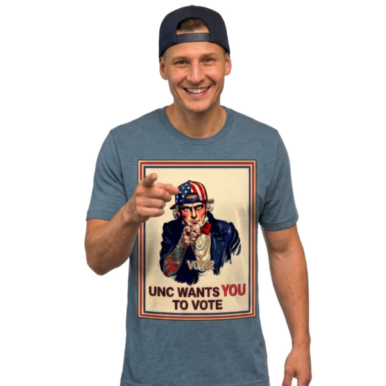 A man wearing a distressed, vintage-style outline of the state of Texas filled with the red, white, and blue Texas flag colors, featuring bold white text reading TEXANS VOTE across an olive green background.