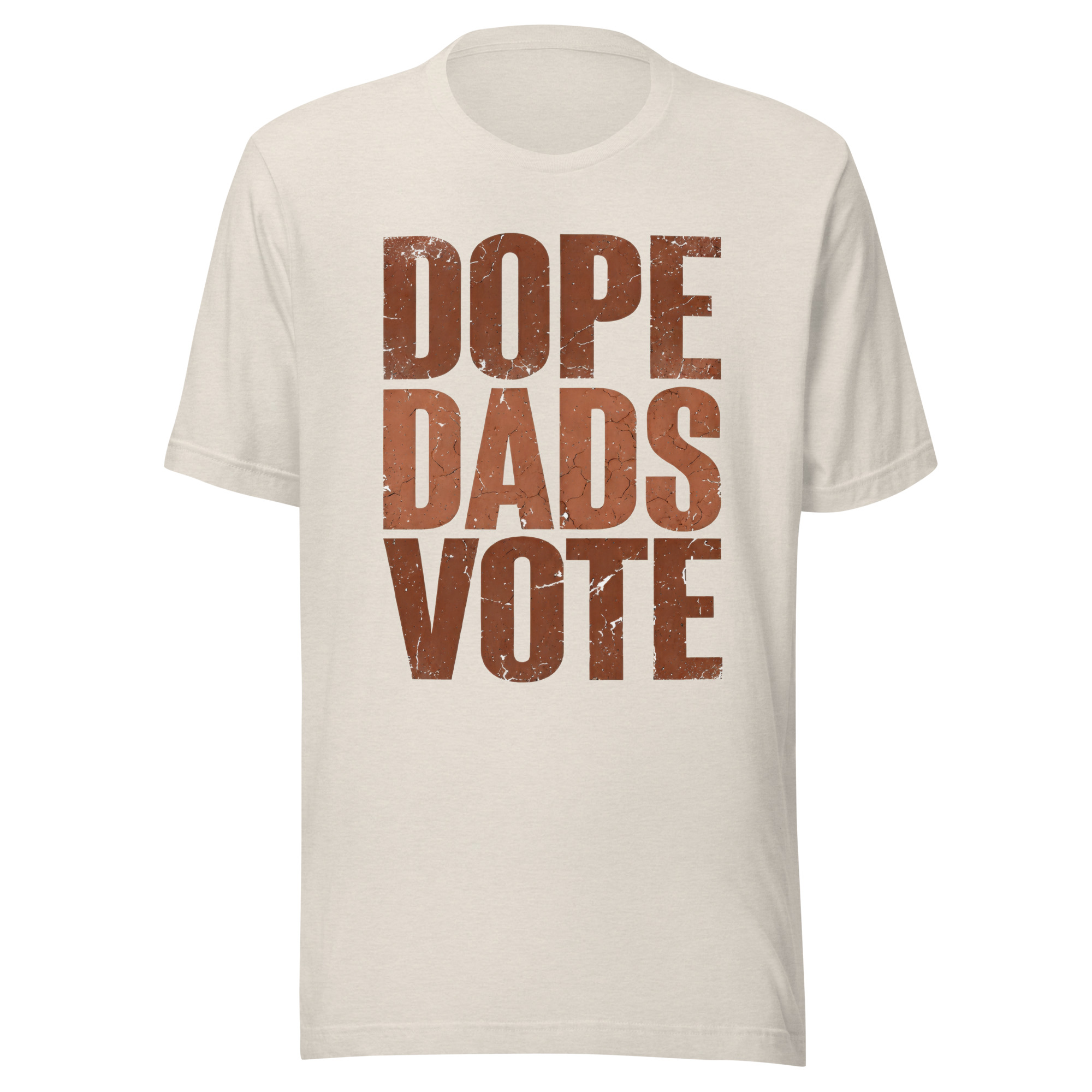 Dope Dads Vote Close-up graphic design featuring the words DOPE DADS VOTE in tall, bold, terracotta-colored block lettering with heavy distress and cracked texture against a black background.