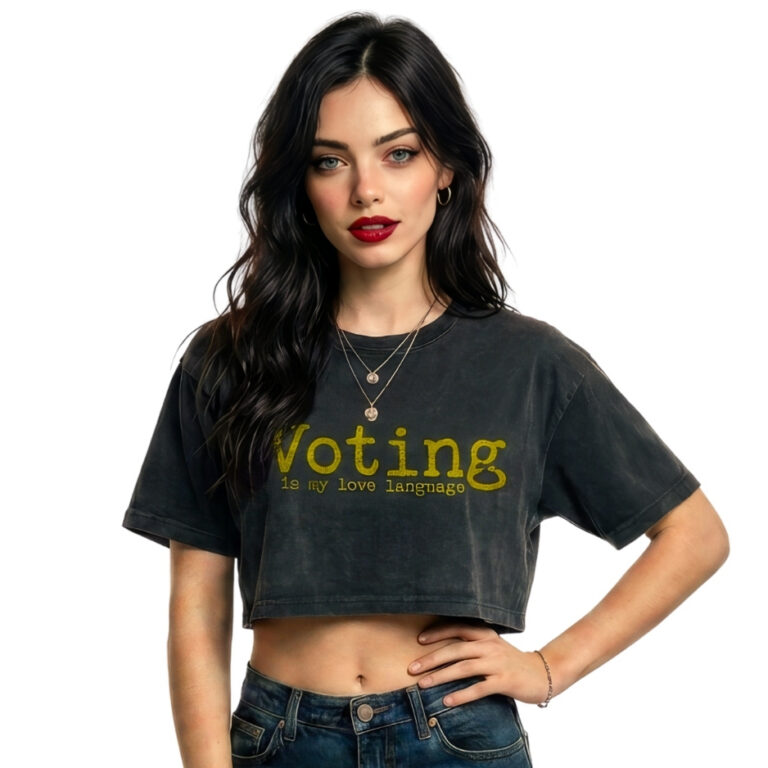 Graphic streetwear t-shirt featuring bold, distressed yellow text that reads 'Voting is my love language' across a solid black background.