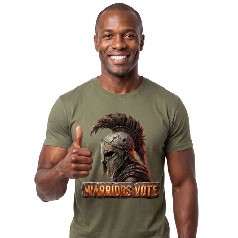 Battle-worn Spartan helmet graphic with glowing Warriors Vote text on a transparent background by Protect November.
