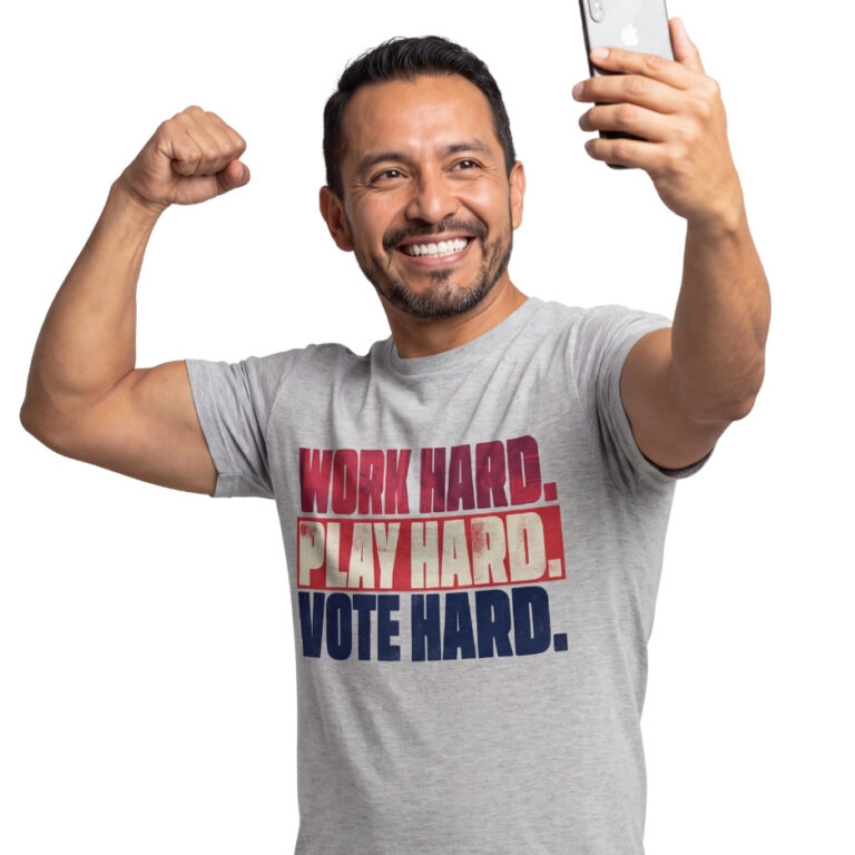 Graphic print featuring distressed red, cream, and dark blue block text reading WORK HARD. PLAY HARD. VOTE HARD. on a black t-shirt background.