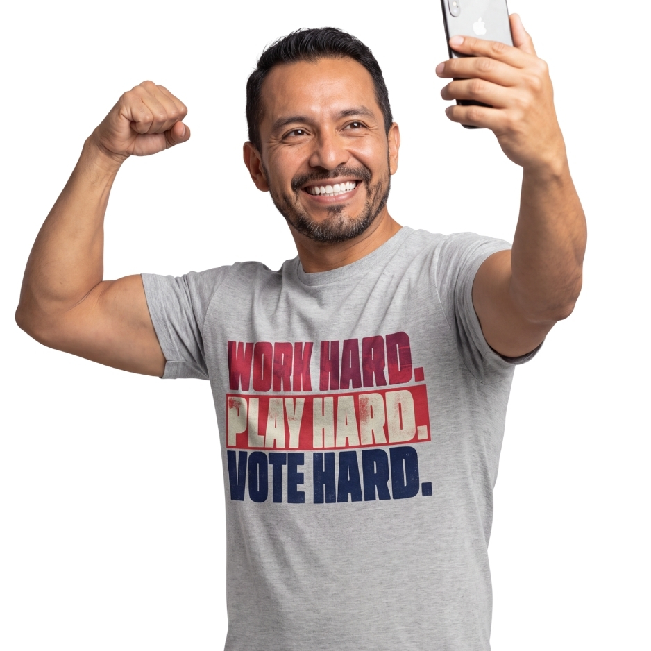 Graphic print featuring distressed red, cream, and dark blue block text reading WORK HARD. PLAY HARD. VOTE HARD. on a black t-shirt background.