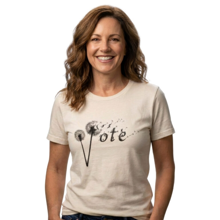 A woman smiling while wearing a light beige t-shirt featuring a black graphic of a dandelion with its seeds blowing away to form the word Vote.
