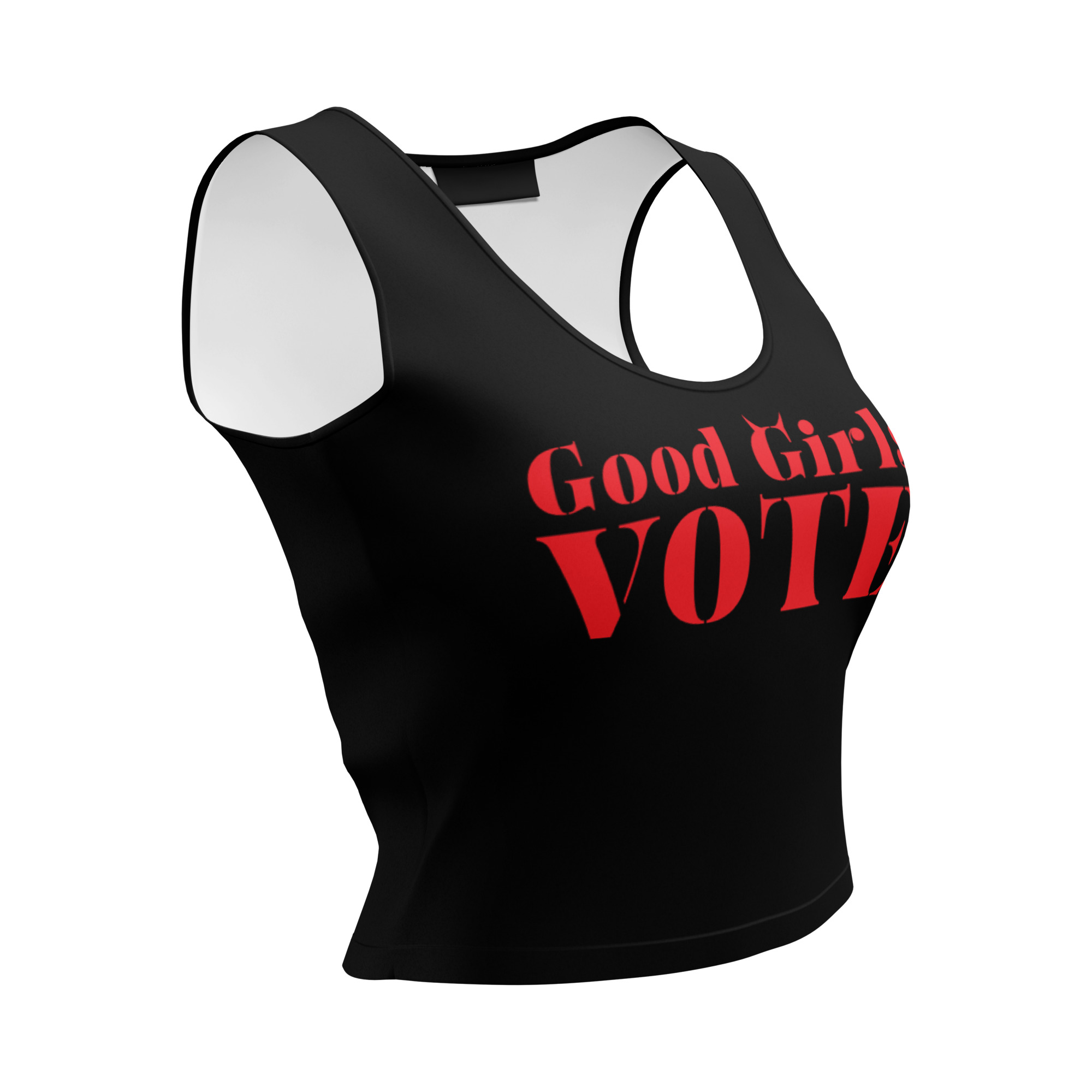 Good Girls Vote (red lipstick) Black crop tank top with red lipstick Good Girls Vote stencil lettering and tiny devil horns on the G, laid flat
