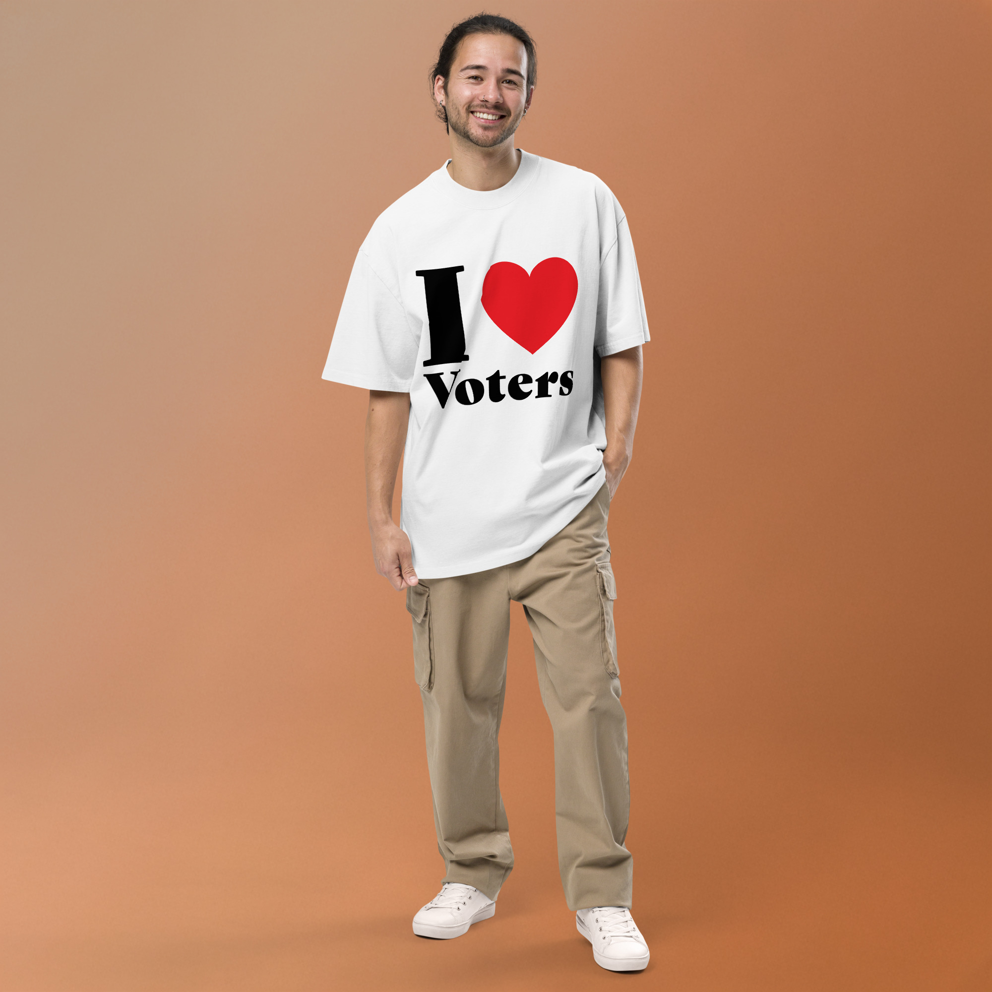 I Love Voters Oversized Tee Man wearing an oversized white I Love Voters t-shirt with a big red heart